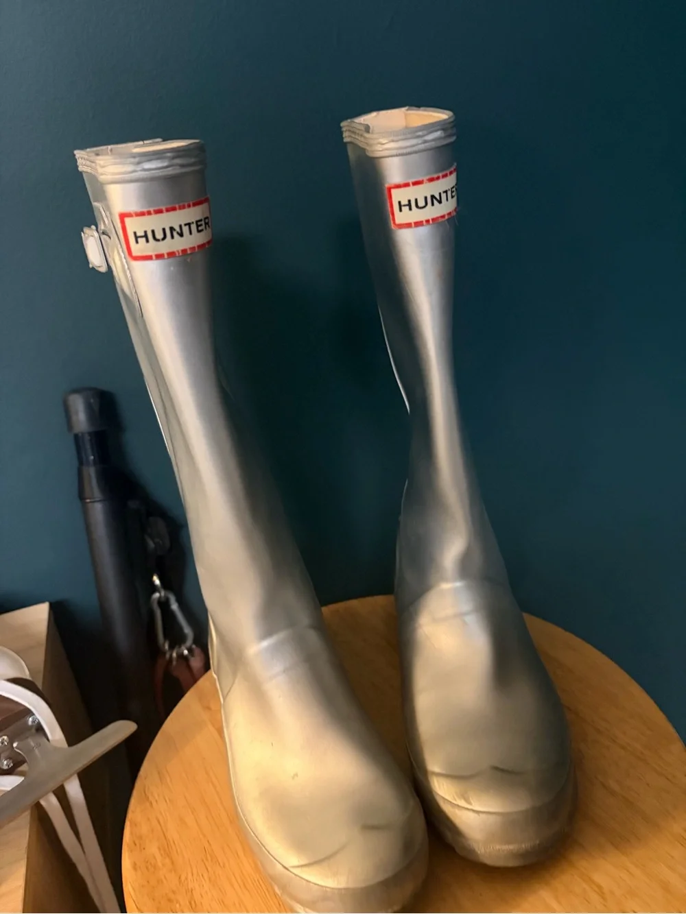 Hunter Silver Gloss Tall Rain Boots with Side Buckle